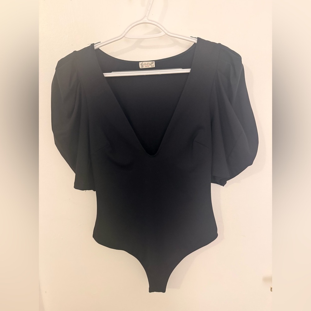 Free People Black Deep V Puff Sleeve Bodysuit